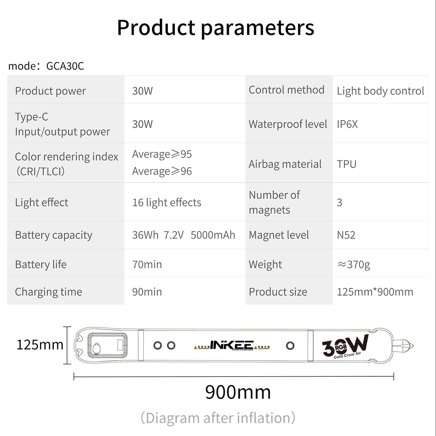 INKEE GCA30C RGB Inflatable Light,30W Portable Handheld LED Fill Lights Built-in 5000mAh Li-ion Battery Adjustable CCT 2000K-10000K with 90cm Length 624 LED Beads