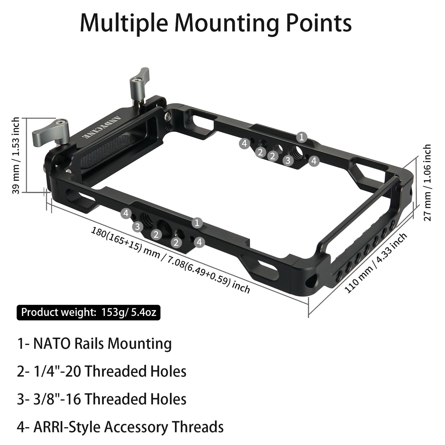 Andycine Monitor Cage with Built-in NATO Rail and Extra HDMI Cable Clamp Sunhood for Atomos Monitor Ninja V/Ninja V+ and Shinobi