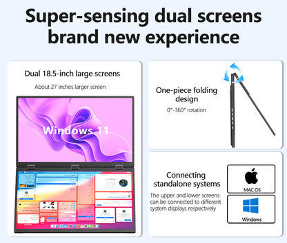 18.5" Dual Screen 100% sRGB 120Hz Dual Monitors Stacked Folding Triple Monitor(Wins/Mac) 1080P Triple Portable Monitor for Laptop 90°/180° Rotation Black (No Driver Needed)
