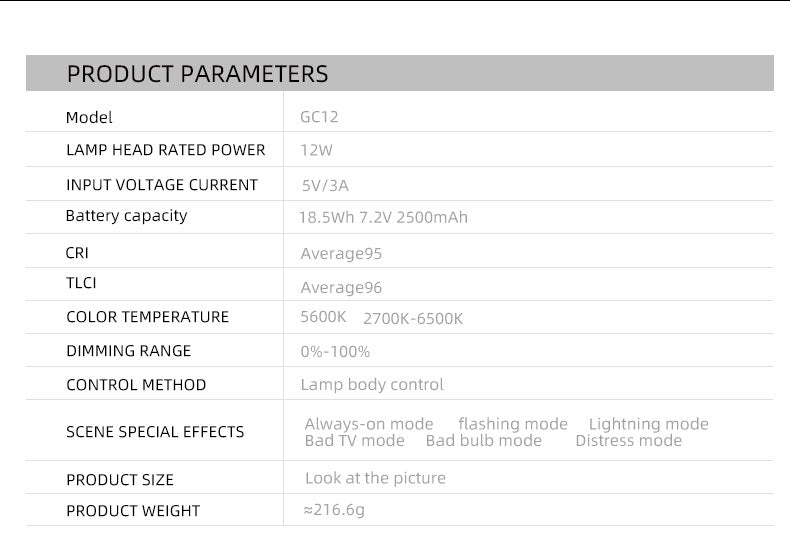INKEE GC12 12W Bi-Colour Video Light Built in Battery Rechargeable 18.5Wh Portable Handheld Column Video Light 2700K-5600K Adjustable with Inflatable Tube Video Light