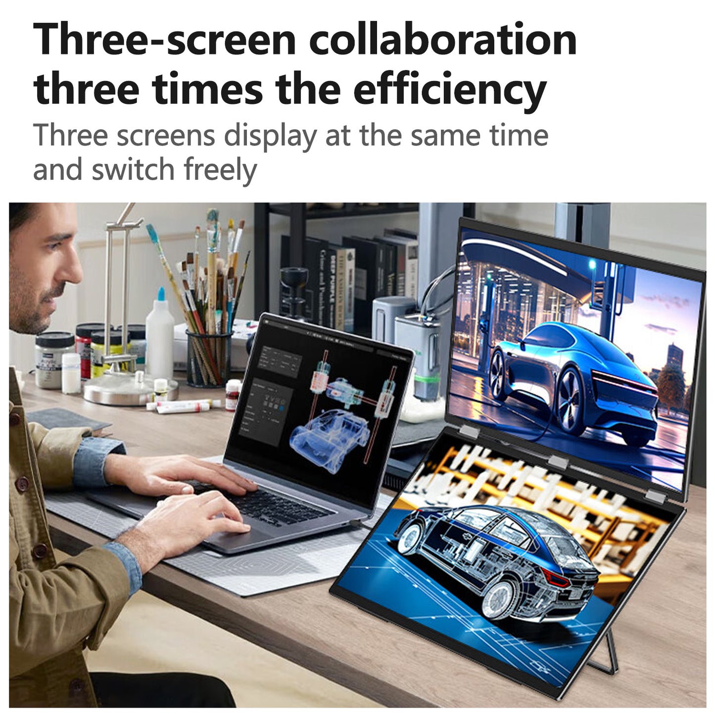 18.5" Dual Screen 100% sRGB 120Hz Dual Monitors Stacked Folding Triple Monitor(Wins/Mac) 1080P Triple Portable Monitor for Laptop 90°/180° Rotation Black (No Driver Needed)