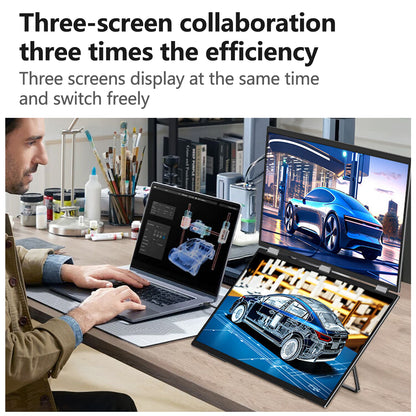 18.5" Dual Screen 100% sRGB 120Hz Dual Monitors Stacked Folding Triple Monitor(Wins/Mac) 1080P Triple Portable Monitor for Laptop 90°/180° Rotation Black (No Driver Needed)