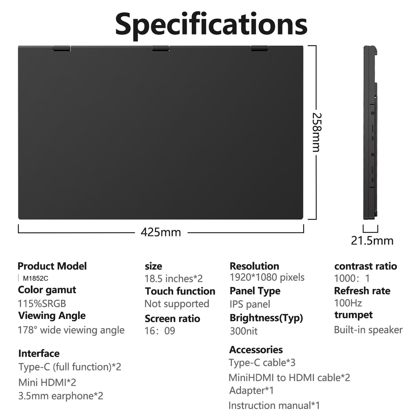 18.5" Dual Screen 100% sRGB 120Hz Dual Monitors Stacked Folding Triple Monitor(Wins/Mac) 1080P Triple Portable Monitor for Laptop 90°/180° Rotation Black (No Driver Needed)