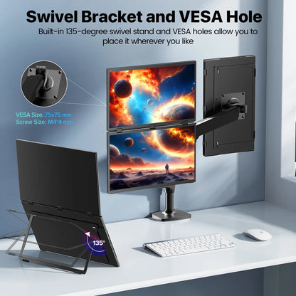 18.5" Dual Screen 100% sRGB 120Hz Dual Monitors Stacked Folding Triple Monitor(Wins/Mac) 1080P Triple Portable Monitor for Laptop 90°/180° Rotation Black (No Driver Needed)